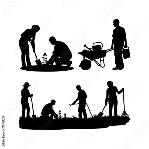 Silhouette of people gardening and working in the garden. people activity.