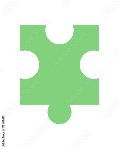 Flat green jigsaw puzzle piece silhouette. Geometric tile from a boardgame on table. Fun and play for children or leisure hobby with toys. Simple graphic for recreation and activity.