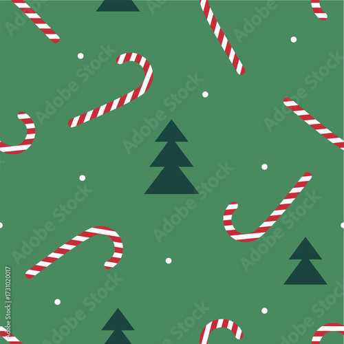 Seamless simple cute Christmas pattern of Christmas tree and striped lollipop cane or hook on green background.Endless New year ornament.Backdrop for fabric,textile,linen,covers,wrapping.Vector