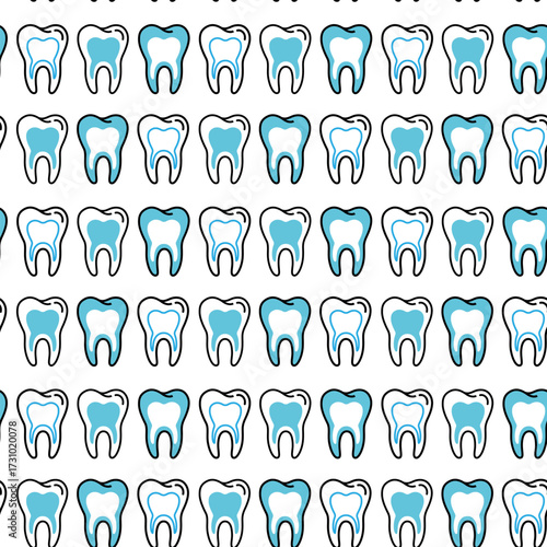 Tooth blue pattern on a white background. Vector dental seamless illustration. Cartoon healthy dentistry tooth. Medical pattern. Vector drawing silhouette icon. Dentist art print.