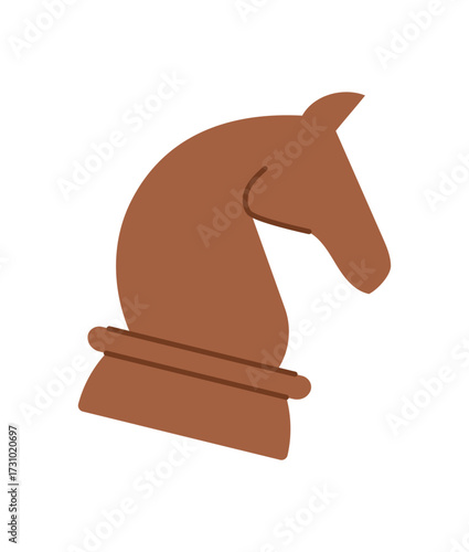 Flat wooden chess board piece. Knight pawn shaped like horse for strategy and play. Classic boardgame element on table for game enthusiasts, simple and graphic style, perfect leisure, recreation,