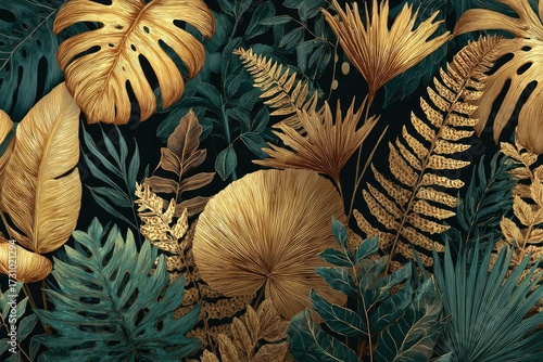 Detailed graphic of various tropical leaves in gold and teal on a dark background