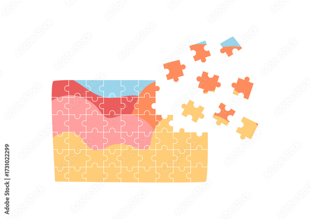 Fototapeta premium Flat jigsaw puzzle board game with colorful pieces. Fun table activity and hobby for children and kids. Interactive boardgame toy for playful entertainment skill development at home.