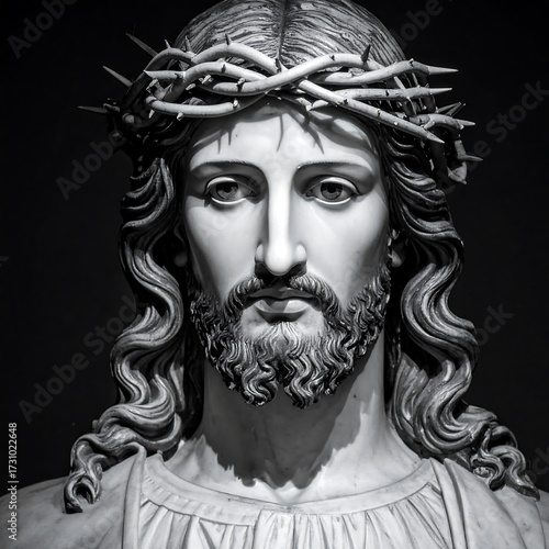 Close-up of a grayscale statue of Jesus