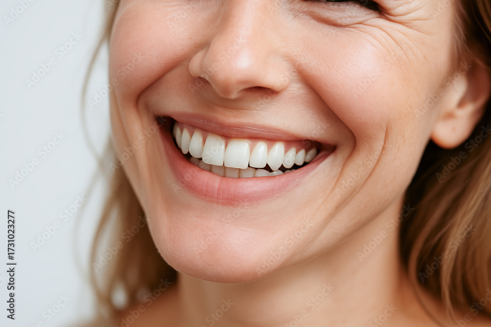 Fototapeta premium Close-up of a smiling caucasian woman displaying wrinkles and joyful expression. concept of happiness, aging with grace, positive emotions