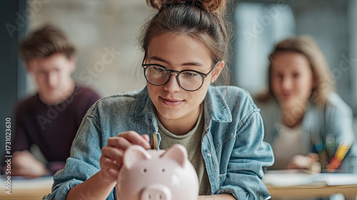Teen girl demonstrates saving skills using piggy bank in class