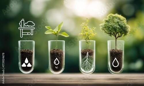 Four test tubes with plants, soil, and water symbols, suggesting sustainable growth