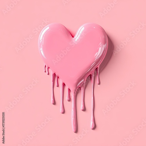 A glossy pink heart shape with dripping paint