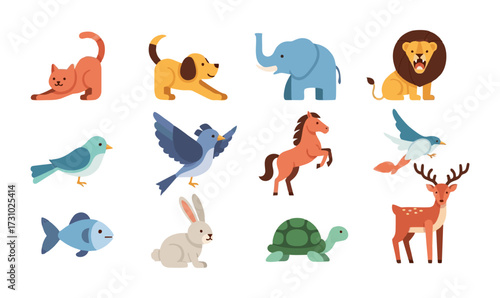 Collection of various cartoon animals, including a cat, dog, elephant, lion, birds, horse, fish, rabbit, turtle, and deer.
