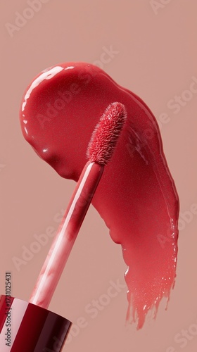 Studio shot of liquid lip product showing its texture and color applied in a thick, creamy stroke.