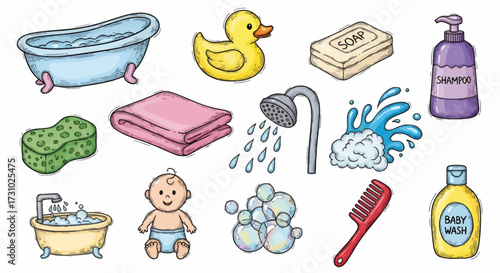 Cute Hand Drawn Vector Collection of Baby Bath Time and Hygiene Icons Set