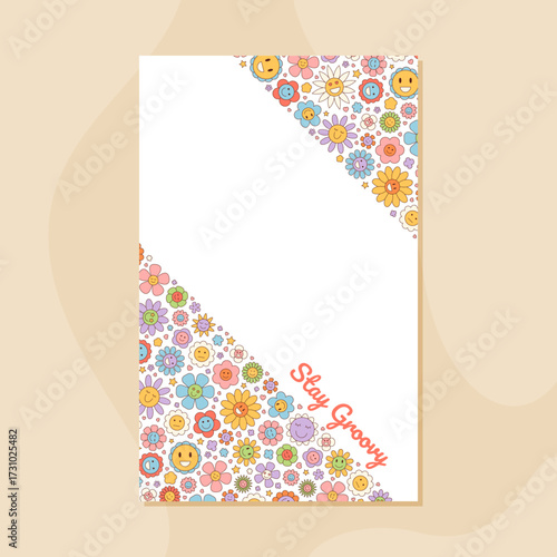 Groovy retro pastel floral banner design with cute happy smiley flowers. Colorful y2k background and playful pattern create a vintage cheerful poster for modern and trendy layouts.