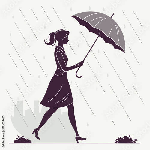 Silhouette of woman walking with umbrella in the rain with city skyline in the background weather illustration created with generated ai