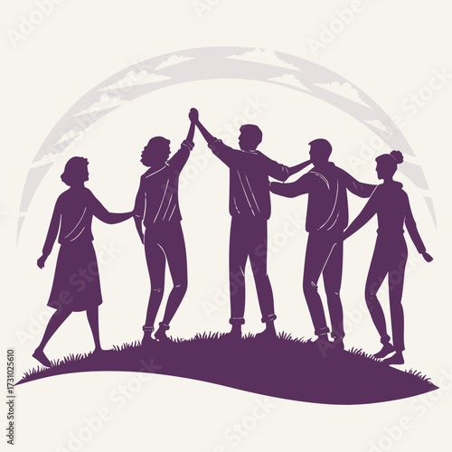 Silhouette of five people standing on a hill with arms raised in a circle against a cloudy sky backdrop created with generated ai