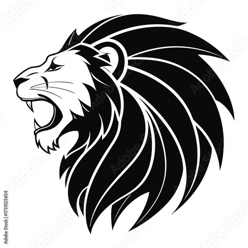A black and white illustration of a roaring lion head with a stylized mane design facing left created with generated ai