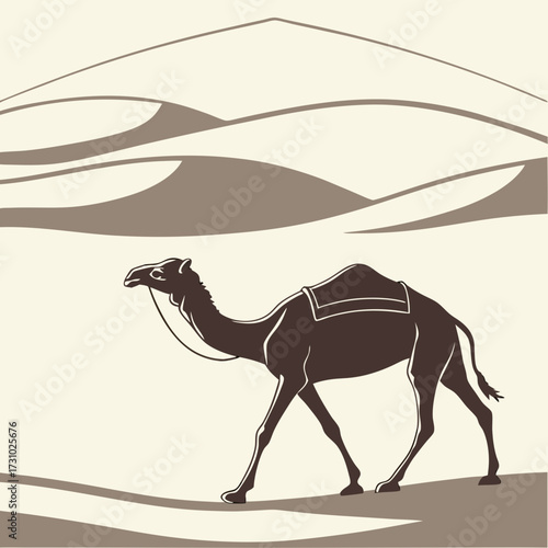 A camel walking in the desert with sand dunes in the background in a monochrome color palette illustration created with generated ai