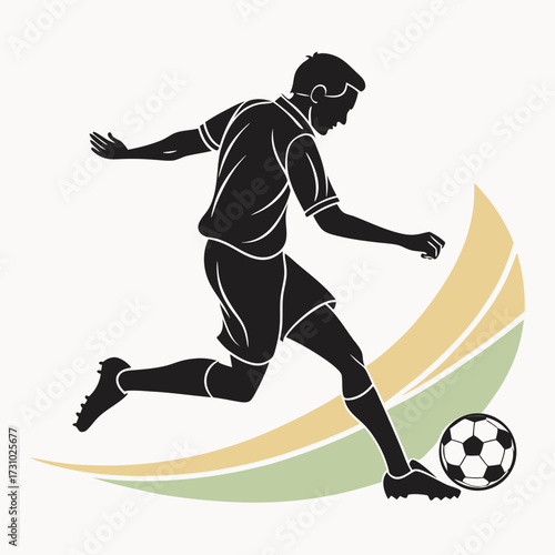 Silhouette of a soccer player kicking a soccer ball with curved design in the background in black and shades created with generated ai