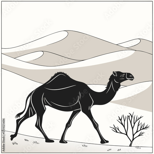 A black camel walking across a desert landscape with sand dunes and a small tree in the foreground area created with generated ai