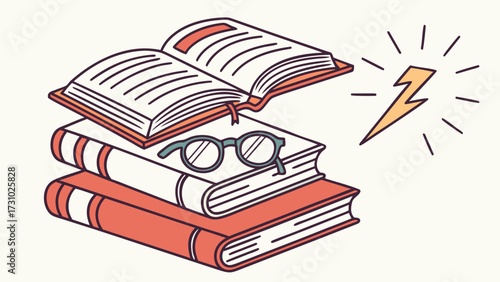 A stack of books with an open book on top with glasses and a lightning bolt illustration drawn created with generated ai
