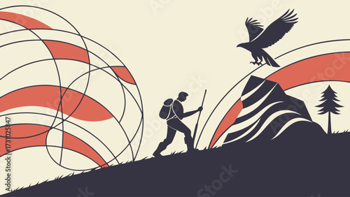 Silhouette of a hiker climbing a hill with an eagle flying over a mountain landscape design vector created with generated ai