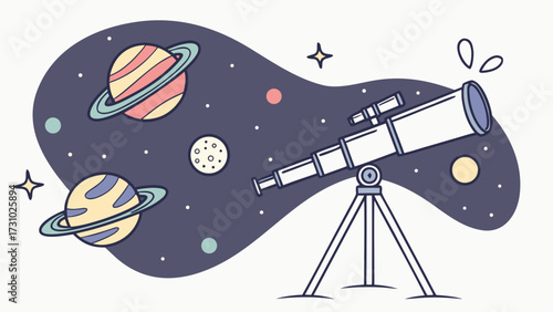 Illustration of a telescope pointed towards planets and stars in a space themed background design style created with generated ai