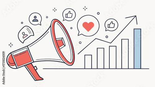 Megaphone with speech bubbles and graph showing growth and engagement on social media platform created with generated ai