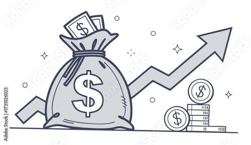 Illustration of a money bag with dollar sign, coins, and an upward trending arrow graph showing growth created with generated ai