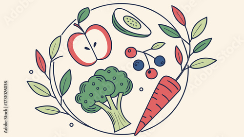 Illustration of an apple avocado broccoli carrot berries and leaves in a circular arrangement created with generated ai