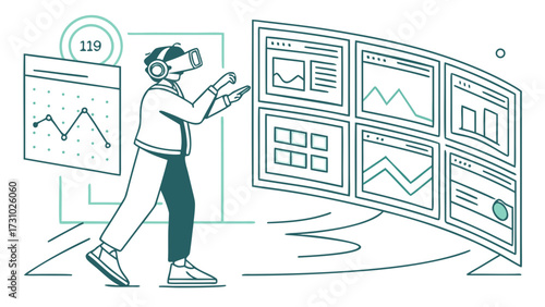 Person using virtual reality headset interacting with data dashboards and graphs in a metaverse space created with generated ai