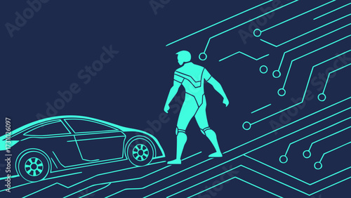 Futuristic illustration of a person next to a car with circuit board design in the background created with generated ai