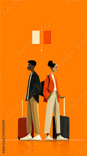 African American couple with suitcases stand back to back in airport, looking in opposite directions on orange background