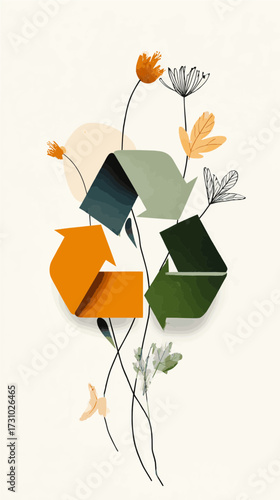 Recycle symbol with green, orange, and black arrows intertwined with delicate wildflowers against a white background