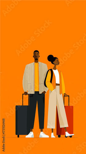 African American couple with suitcases stand back to back in airport, looking in opposite directions on orange background