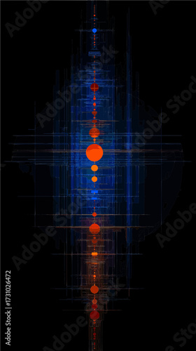 Abstract design shows a vertically stacked series of horizontal waves. Gradient color changes from red at the top to blue at the bottom, reflecting the sound amplitude.
