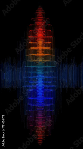Colorful sound wave visualization against a dark background showing audio frequencies and amplitudes