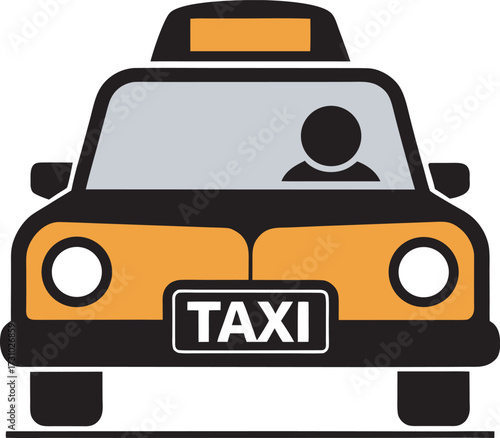 Classic yellow taxi car icon front view with driver silhouette and taxi sign