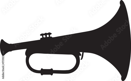 Silhouette of a brass cornet or trumpet musical instrument with bell and valves