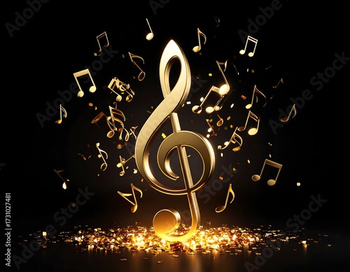 Golden treble clef surrounded by musical notes on a dark background