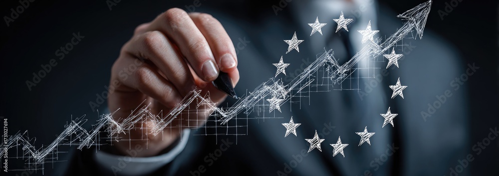 Fototapeta premium Hand drawing a rising graph overlaid with the EU flag symbol