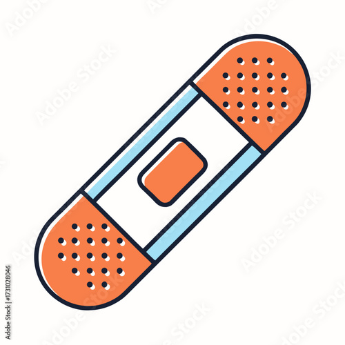 A close-up, flat illustration of a stylized adhesive bandage. With its clean lines and simple color palette, the image represents healing and care. Generative AI