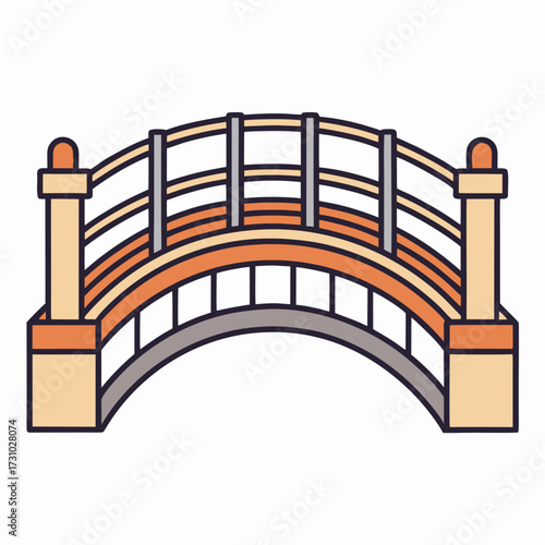A meticulously crafted illustration of a classic arched bridge, designed with a blend of elegant curves and sturdy straight lines, is showcased against a clean, minimalist background. Generative AI