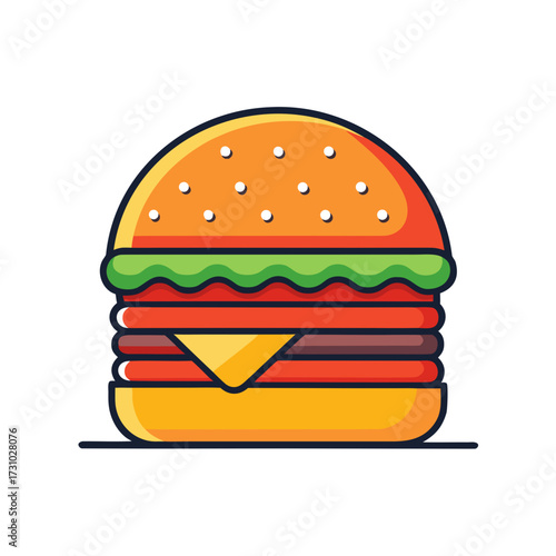 A vibrant illustration of a perfectly crafted hamburger. A delicious burger, with juicy patty, fresh vegetables, and melted cheese, beckons with its mouthwatering allure. Generative AI