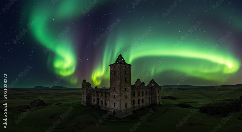 Fototapeta premium Historic castle under northern lights in night sky