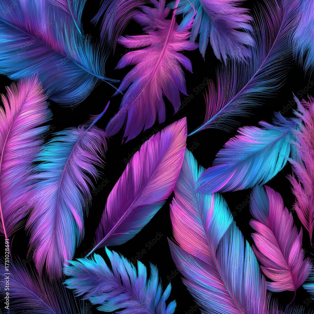 Fototapeta premium Vibrant, abstract feathers in a variety of neon colors on a black background