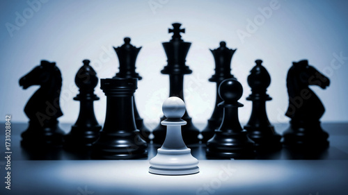 Courage and Challenge: White Pawn Standing Alone Against a Dark Chess Piece Army