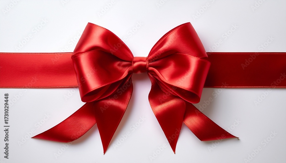 Fototapeta premium A Classic Red Satin Bow With Symmetrical Loops And Long Ribbons On White Background Horizontal Composition Featuring Luxurious Sheen And Delicate Folds Suggesting Festive Elegance