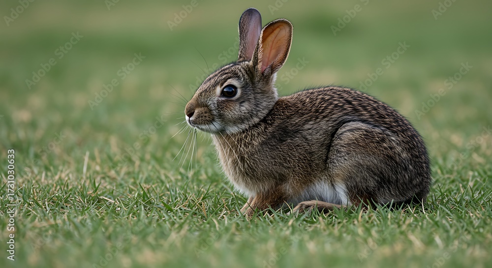 Fototapeta premium Rabbit sitting in green grass outdoors