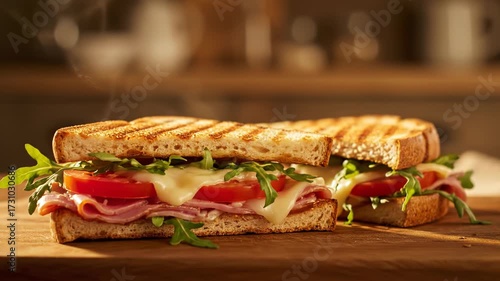 Hot and delicious grilled ham and cheese panini sandwich on a wooden board