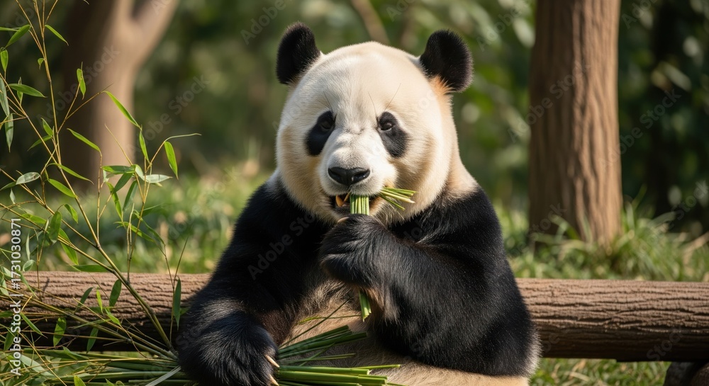 Fototapeta premium Adorable panda enjoying bamboo