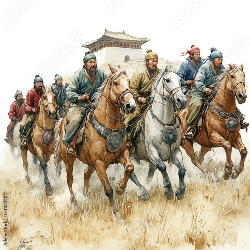 Mongolian Horse Racing, watercolor vector, isolated on a white background.